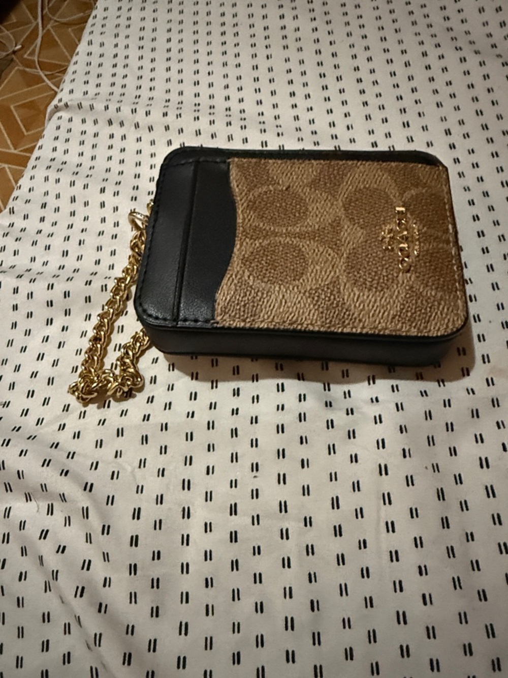 Coach Brown and Black Signature Card Case with Gold Chain